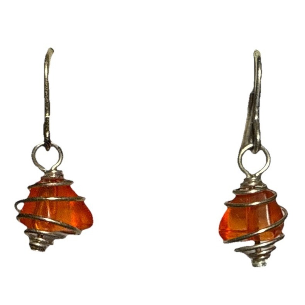 Vintage Silver Tone Wire Spiral and Red Crystal Dangling Earrings J18-38‎